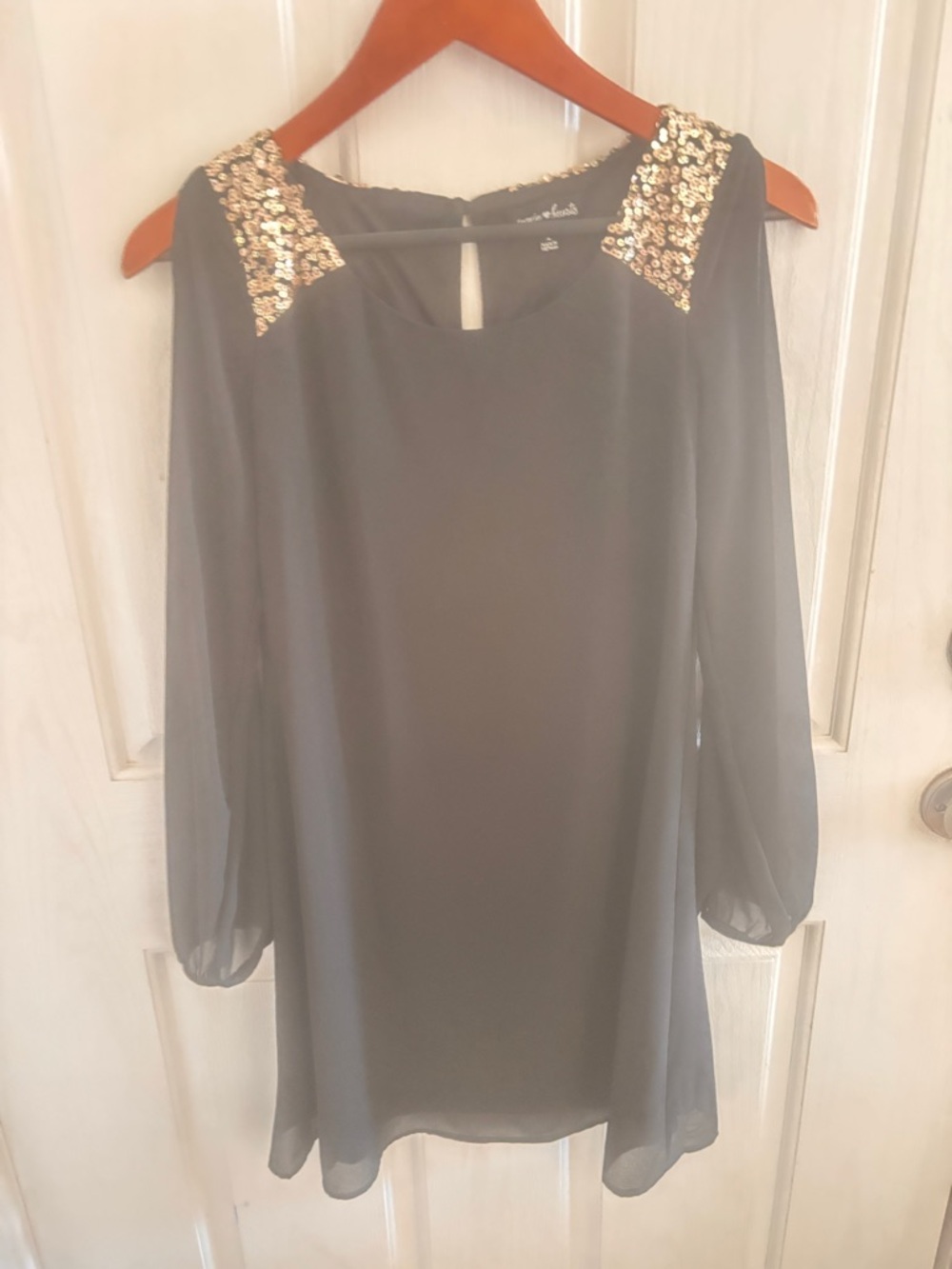 Sequin Hearts Black Chiffon Shift Dress Gold Sequin Shoulder Small - Picture 2 of 7
